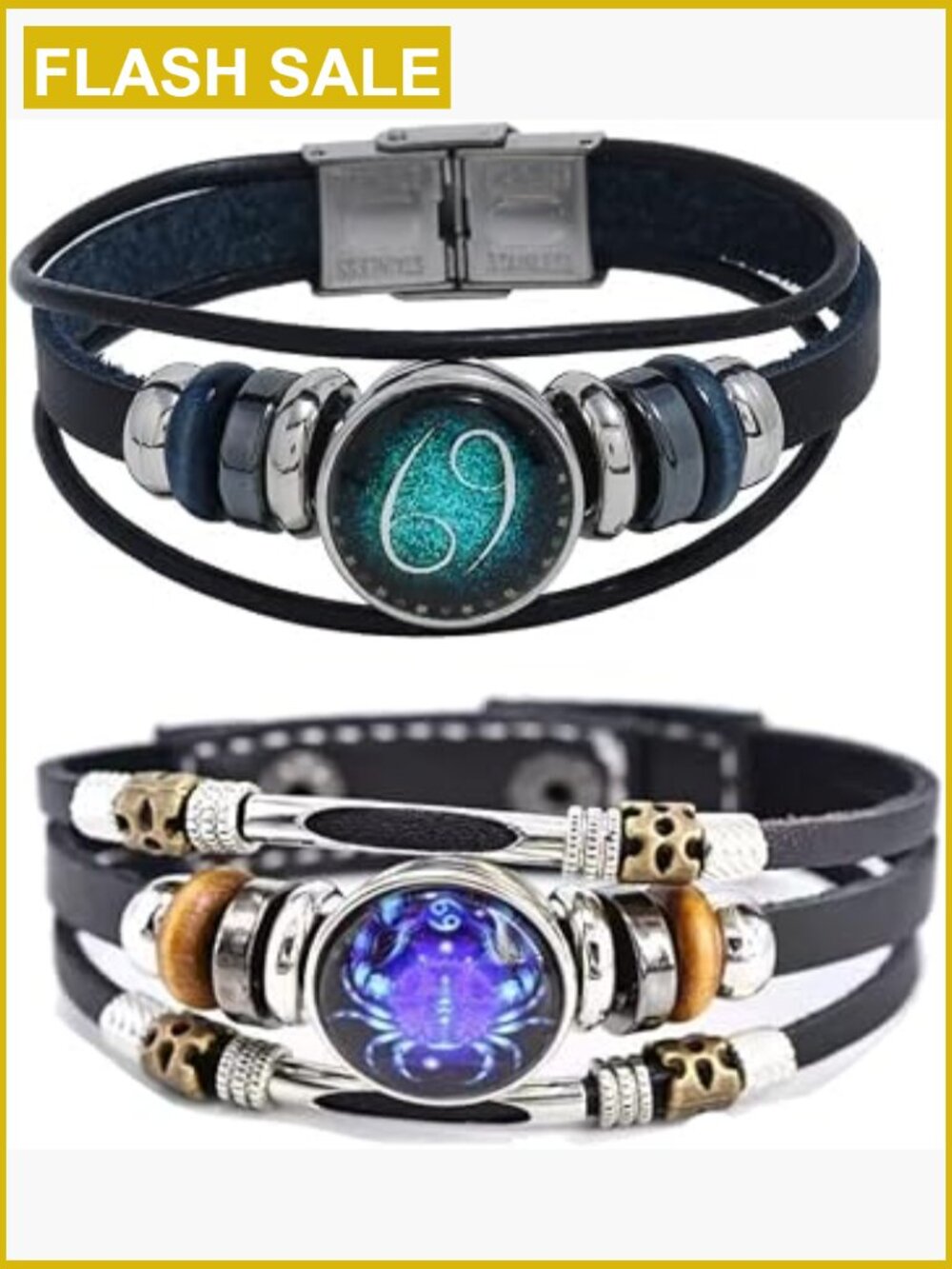 2Pcs Multilayer Constellation Zodiac Leather Wrap Bracelet